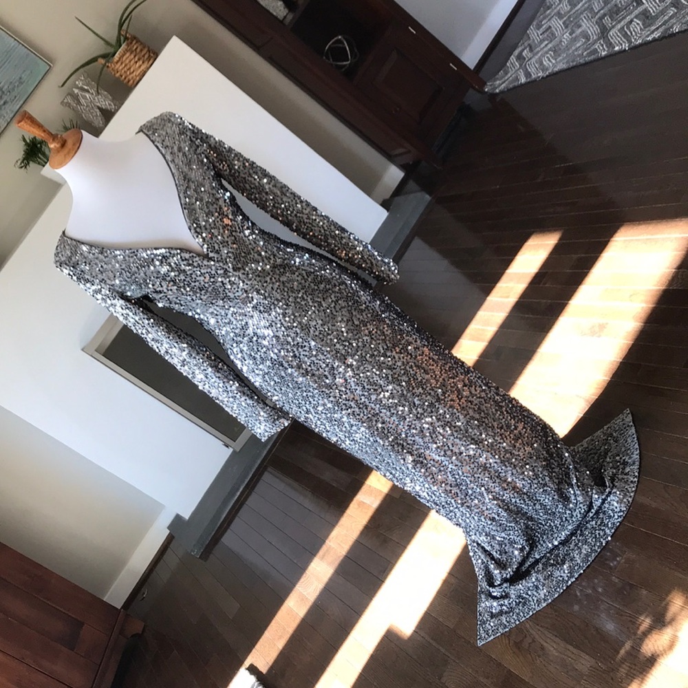 MILLY plunging neckline sequin gown with back slit